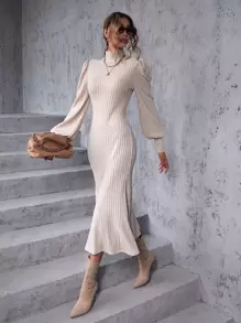 SHEIN Privé Mock Neck Lantern Sleeve Mermaid Hem Dress - Apricot - View 4