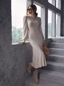 SHEIN Privé Mock Neck Lantern Sleeve Mermaid Hem Dress - Apricot - View 5