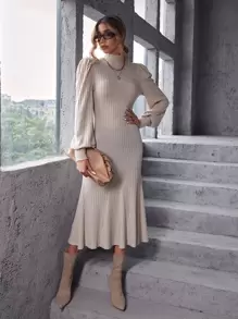 SHEIN Privé Mock Neck Lantern Sleeve Mermaid Hem Dress - Apricot - View 6