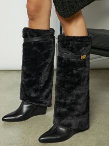 Fuzzy Knee High Buckle Detail Boots - Black - View 1