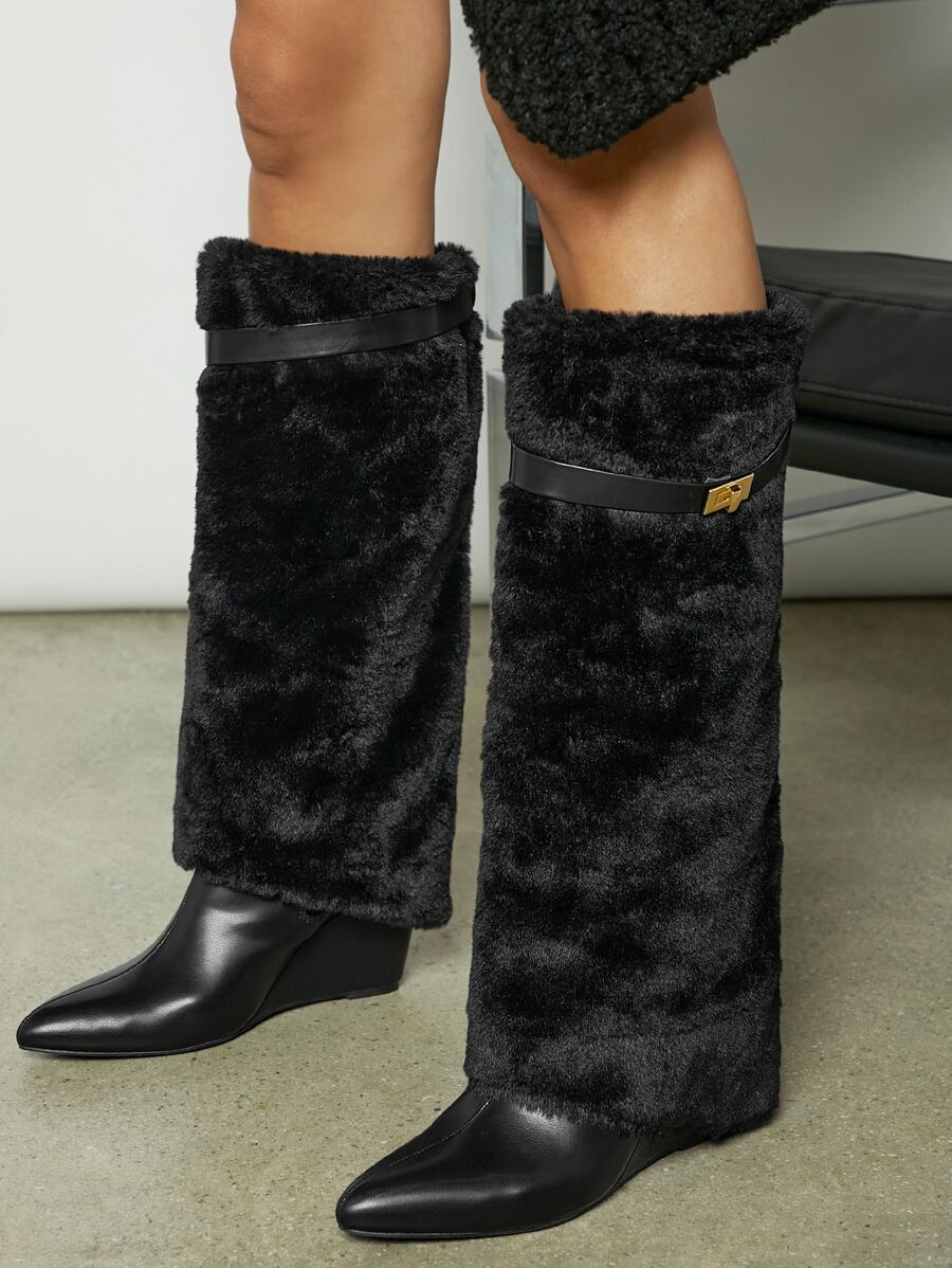 Fuzzy Knee High Buckle Detail Boots - Black - View 1