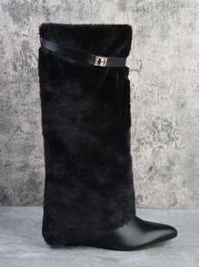 Fuzzy Knee High Buckle Detail Boots - Black - View 2