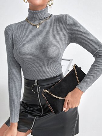 Cévolie Solid High Neck Rib Knit Sweater,Long Sleeve Tops Knit Pullover Fall Winter Outfit