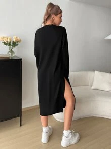 Siren Gaze Vestido unicolor de hombros caídos de muslo con abertura - Negro - Ver 2