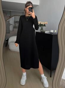 Siren Gaze Vestido unicolor de hombros caídos de muslo con abertura - Negro - Ver 5