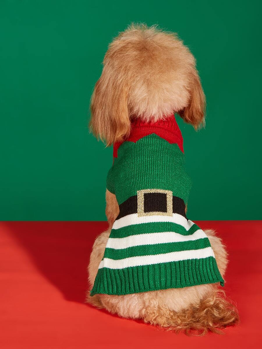 1件秋冬保暖針織衫,綠色條紋,高領,金色腰帶,聖誕小精靈,小丑,貓,小熊或小狗圖案