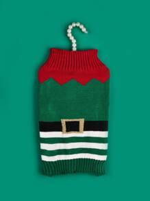1件秋冬保暖針織衫,綠色條紋,高領,金色腰帶,聖誕小精靈,小丑,貓,小熊或小狗圖案 - 彩色 - 查看 3