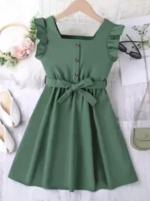 Chicas Vestido con cinturón ribete con fruncido - Verde - Ver 1