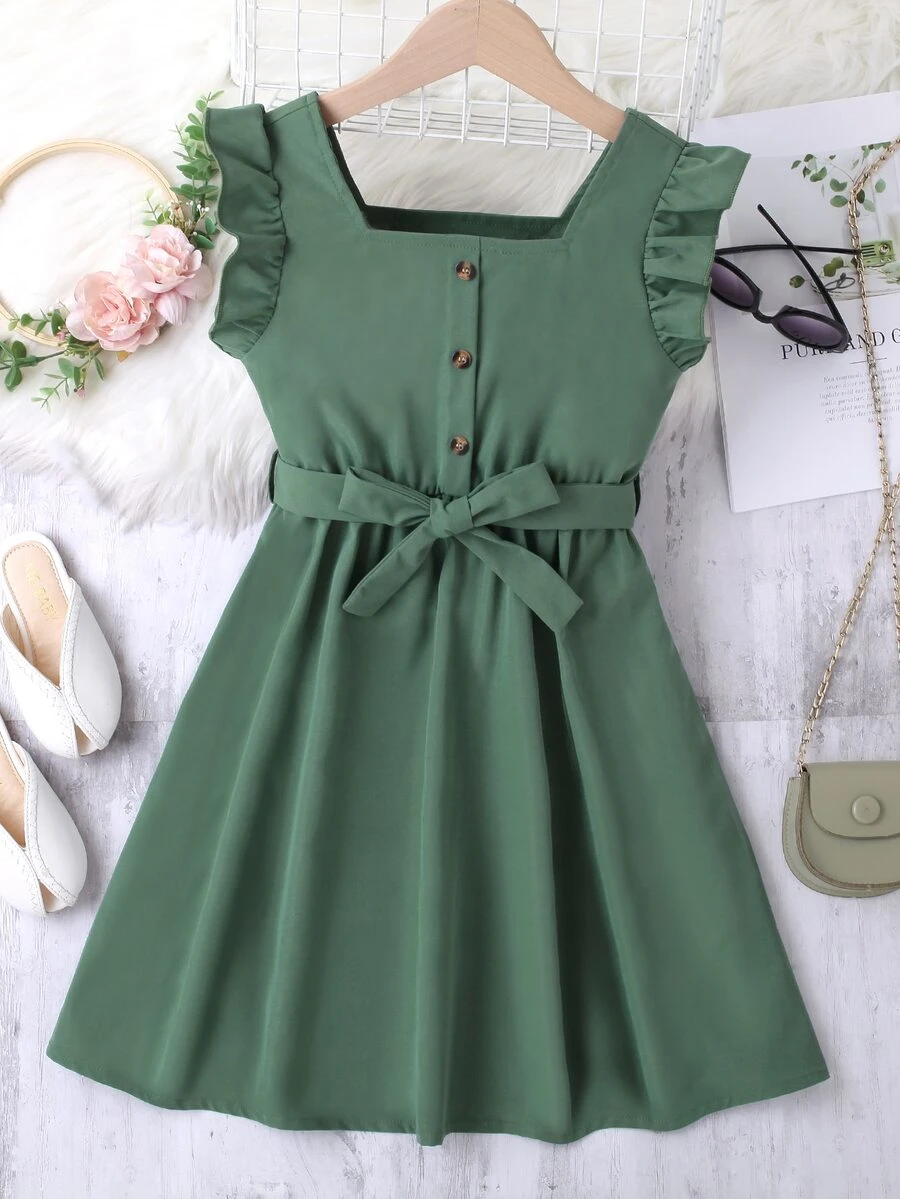 Chicas Vestido con cinturón ribete con fruncido - Verde - Ver 1