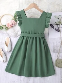 Chicas Vestido con cinturón ribete con fruncido - Verde - Ver 2