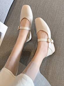HanDuEke Faux Pearl Decor Square Toe Mary Jane Flats - Apricot - View 2