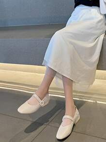 HanDuEke Faux Pearl Decor Square Toe Mary Jane Flats - Apricot - View 3