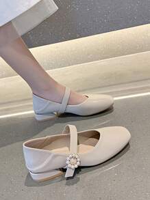 HanDuEke Faux Pearl Decor Square Toe Mary Jane Flats - Apricot - View 4