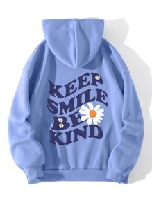 SHEIN EZwear Slogan & Floral Print Drawstring Thermal Lined Hoodie - Blue - View 1