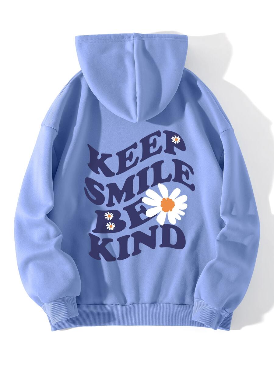 SHEIN EZwear Slogan & Floral Print Drawstring Thermal Lined Hoodie - Blue - View 1