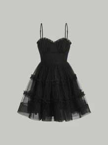 SHEIN MOD 胸部褶皺褶邊網紗吊帶連衣裙 - 黑色 - 查看 2