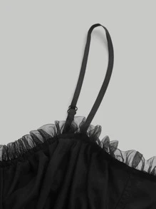 SHEIN MOD 胸部褶皺褶邊網紗吊帶連衣裙 - 黑色 - 查看 7