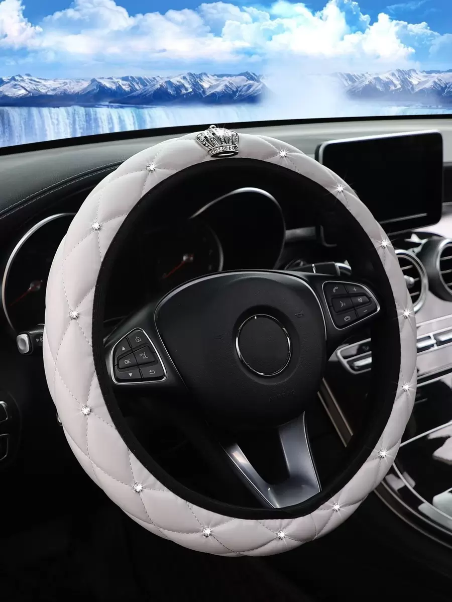 MEIKAXIU 1pc Rhinestone Decor Car Steering Wheel Cover - White - View 1