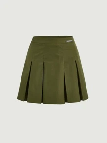 SHEIN MOD Letter Patched Pleated Skirt - Olive Green - View 2