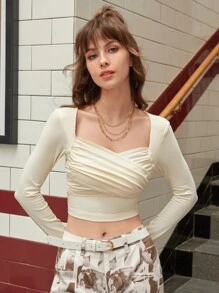 SHEIN EZwear Áo thun nữ Xù màu trơn Giải trí - Màu be - Xem 6