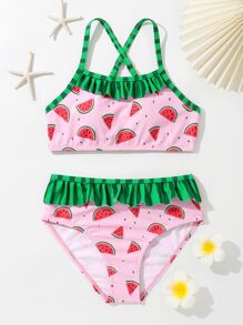 Conjunto de bikini con estampado de sandía, ribete de volantes para niña preadolescente, para playa de verano - Rosa Pálido - Ver 1