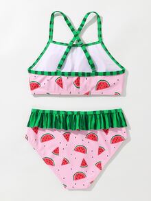 Conjunto de bikini con estampado de sandía, ribete de volantes para niña preadolescente, para playa de verano - Rosa Pálido - Ver 2