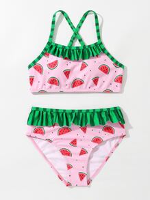 Conjunto de bikini con estampado de sandía, ribete de volantes para niña preadolescente, para playa de verano - Rosa Pálido - Ver 3
