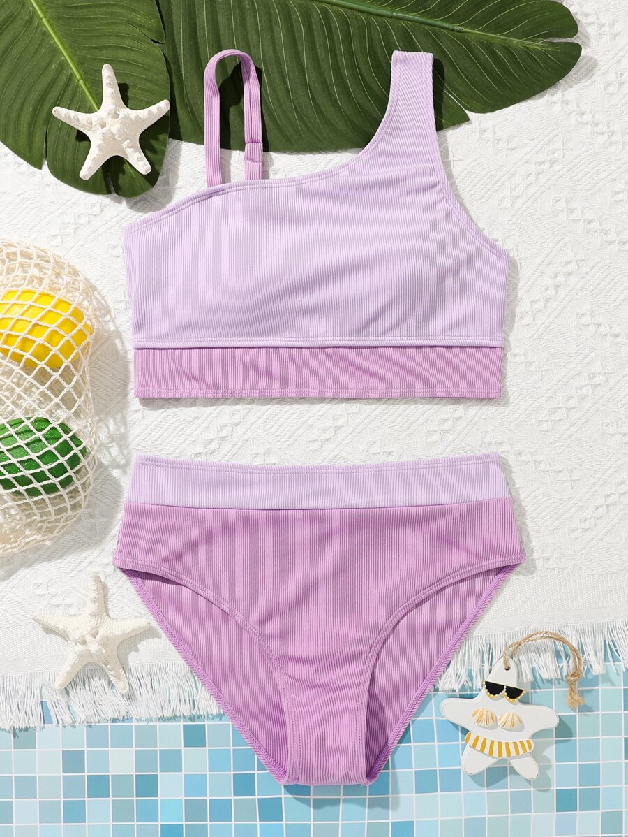 Conjunto de bikini de punto de colores en bloque con cuello asimétrico para adolescentes, playa de verano - Multicolor - Ver 1