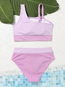 Conjunto de bikini de punto de colores en bloque con cuello asimétrico para adolescentes, playa de verano - Multicolor - Ver 2