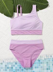 Conjunto de bikini de punto de colores en bloque con cuello asimétrico para adolescentes, playa de verano - Multicolor - Ver 3