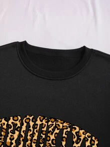 SHEIN EZwear 大碼豹紋和字母圖案加絨內裏運動衫 - 黑色 - 查看 4