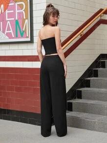 SHEIN MOD 褶邊前紐扣抹胸上衣和闊腿褲 - 黑色 - 查看 5