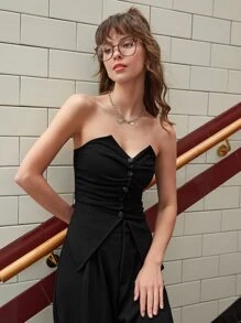 SHEIN MOD 褶邊前紐扣抹胸上衣和闊腿褲 - 黑色 - 查看 3