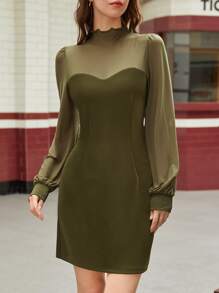 SHEIN MOD Contrast Mesh Mock Neck Lantern Sleeve Dress - Olive Green - View 2
