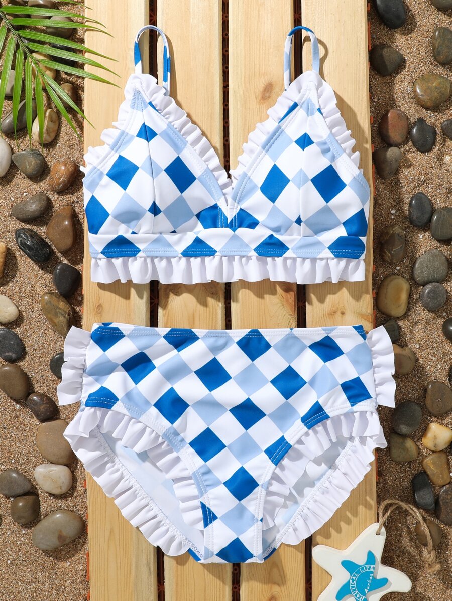 Tween Girl Checker Print Frill Trim Bikini Set Summer Beach - Blue and White - View 1