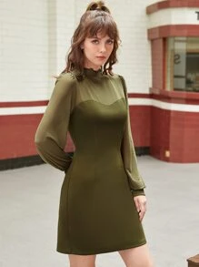 SHEIN MOD Contrast Mesh Mock Neck Lantern Sleeve Dress - Olive Green - View 3