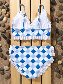 Tween Girl Checker Print Frill Trim Bikini Set Summer Beach - Blue and White - View 2