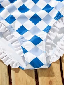 Tween Girl Checker Print Frill Trim Bikini Set Summer Beach - Blue and White - View 4