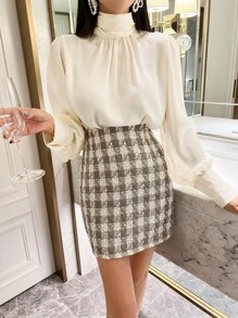 DAZY Mock Neck Lantern Sleeve Blouse,Fall Clothes Long Sleeve Top - White - View 1