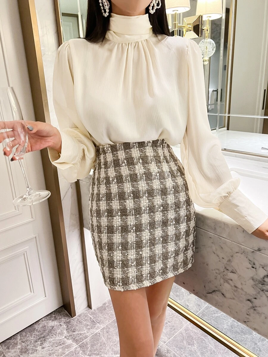 DAZY Mock Neck Lantern Sleeve Blouse,Fall Clothes Long Sleeve Top - White - View 1