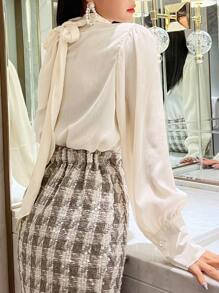 DAZY Mock Neck Lantern Sleeve Blouse,Fall Clothes Long Sleeve Top - White - View 2