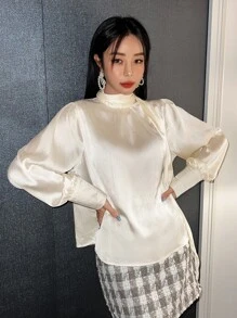 DAZY Mock Neck Lantern Sleeve Blouse,Fall Clothes Long Sleeve Top - White - View 4