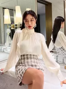 DAZY Mock Neck Lantern Sleeve Blouse,Fall Clothes Long Sleeve Top - White - View 5