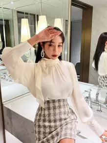 DAZY Mock Neck Lantern Sleeve Blouse,Fall Clothes Long Sleeve Top - White - View 6