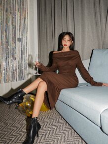 DAZY 堆堆領褶邊連衣裙 - 咖啡棕 - 查看 5