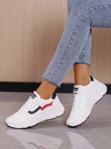 女士白色拼接面前綁帶運動鞋,圓頭跑步鞋 - 白色 - 查看 2