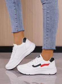 女士白色拼接面前綁帶運動鞋,圓頭跑步鞋 - 白色 - 查看 5