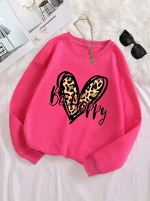 SHEIN LUNE Plus Leopard & Letter Graphic Thermal Lined Sweatshirt - Hot Pink - View 1