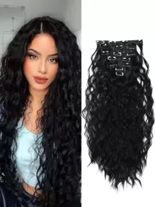 22 Inch 7pcs Curly Synthetic Hair Extension Set, For Hair Lengthening, Invisible Clips, Black - Black - View 10