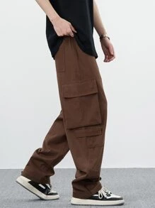 Manfinity Hombres Pantalones cargo con bolsillo con solapa de cintura con cordón - Café integral - Ver 2